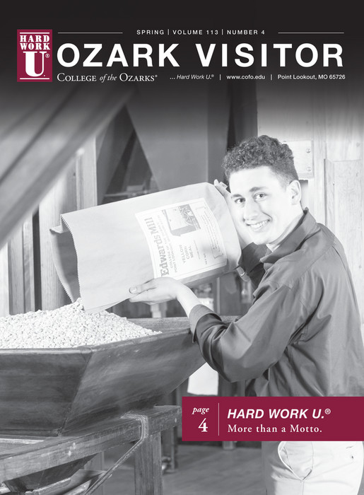 Cover for the Spring 2022 Ozark Visitor magazine issue, Edwards Mill student pouring a bag into a bin.