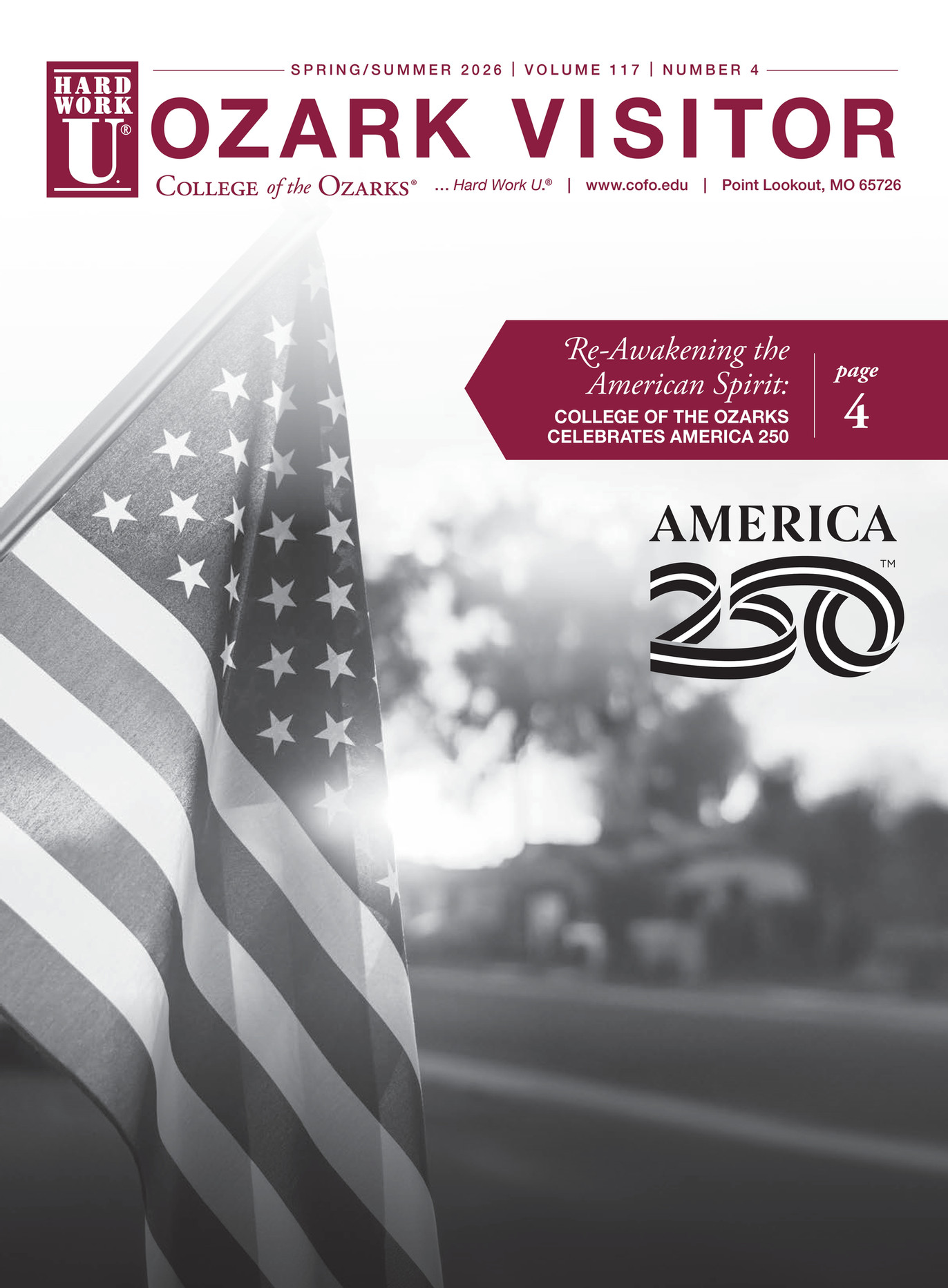 This is the cover of the Spring/Summer 2026 issue (Volume 117, Number 4) of the Ozark Visitor, the magazine of College of the Ozarks.