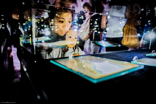 Woman and little girl looking into glass display case.