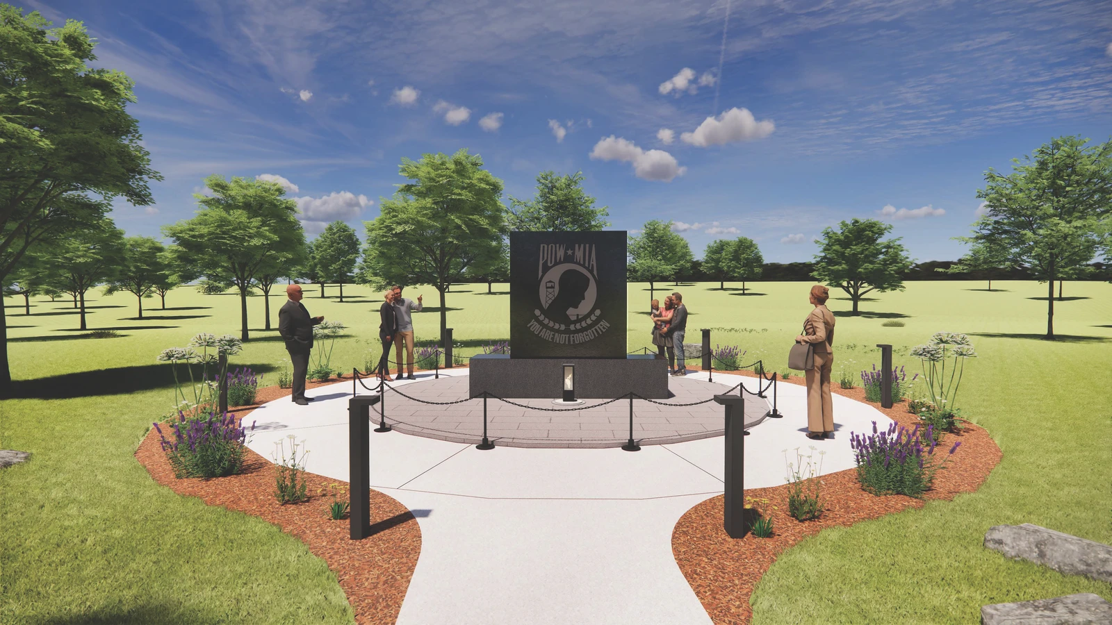 A rendering of the POW/MIA Memorial at College of the Ozarks features a dark stone monument bearing the POW/MIA emblem and the words “You Are Not Forgotten.” The monument stands on a circular stone platform surrounded by black posts and chains, with a lantern at its base. A concrete walkway leads to the memorial, bordered by landscaped beds of purple and white flowers. Trees and open green space surround the site, creating a peaceful setting for remembrance. Several people stand near the monument, reflecting on the sacrifices of prisoners of war and service members missing in action.