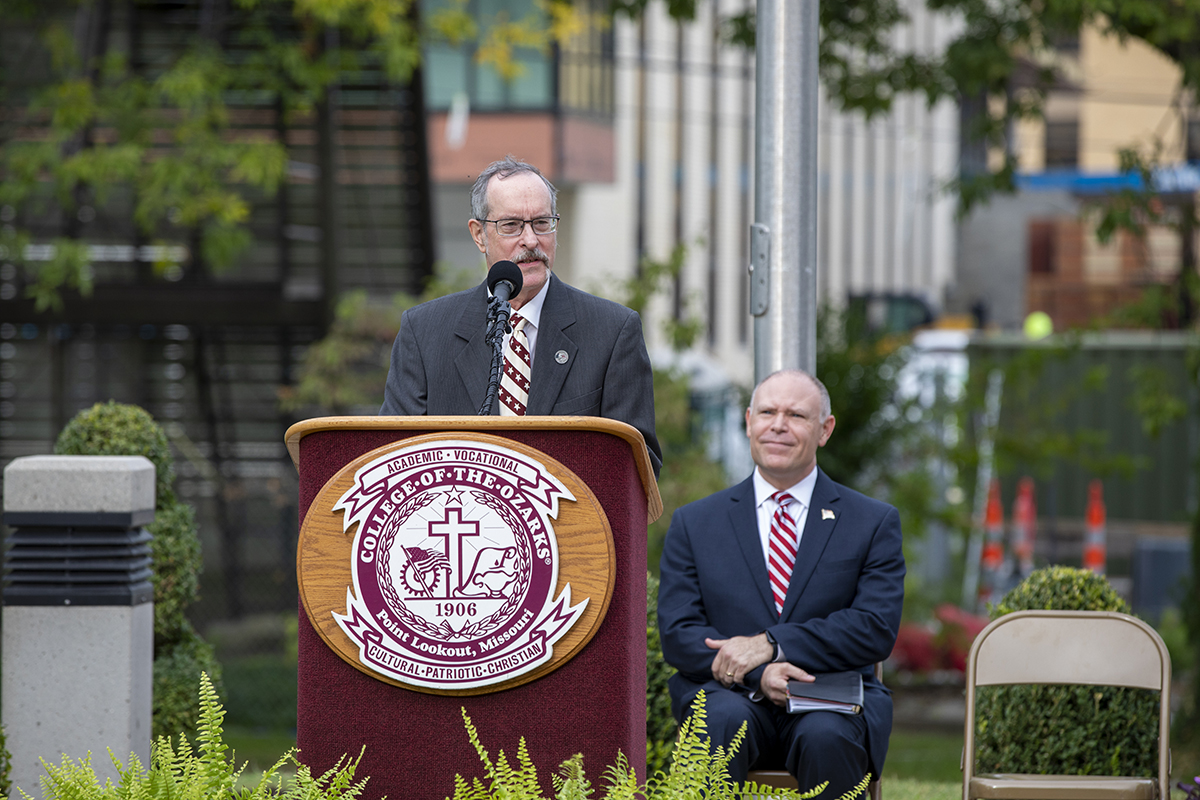 College of the Ozarks holds a special ceremony today, Sept. 11, to commemorate the lives of those who perished in the terrorist attacks that occurred on Sept. 11, 2001. Special speaker, Lt. Col. Loren Lundstrom, addressed those gathered, including members of the community, firefighters from the Western Taney County and Branson Fire Departments, K-12 students from School of the Ozarks, C of O students, staff, and faculty.