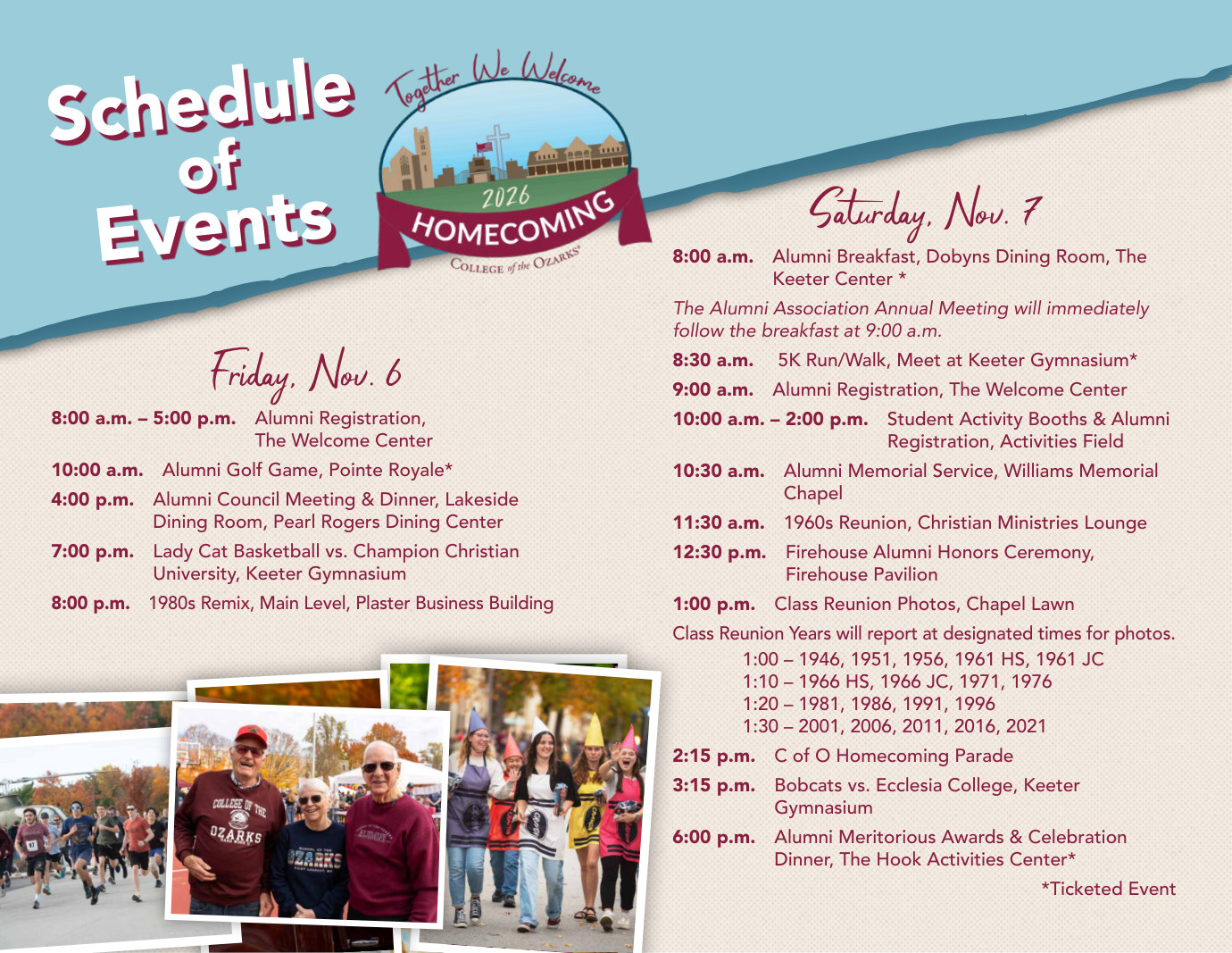 Homecoming 2026 schedule of events for Friday, November 6 and Saturday, November 7. Select to download the full schedule as a PDF.