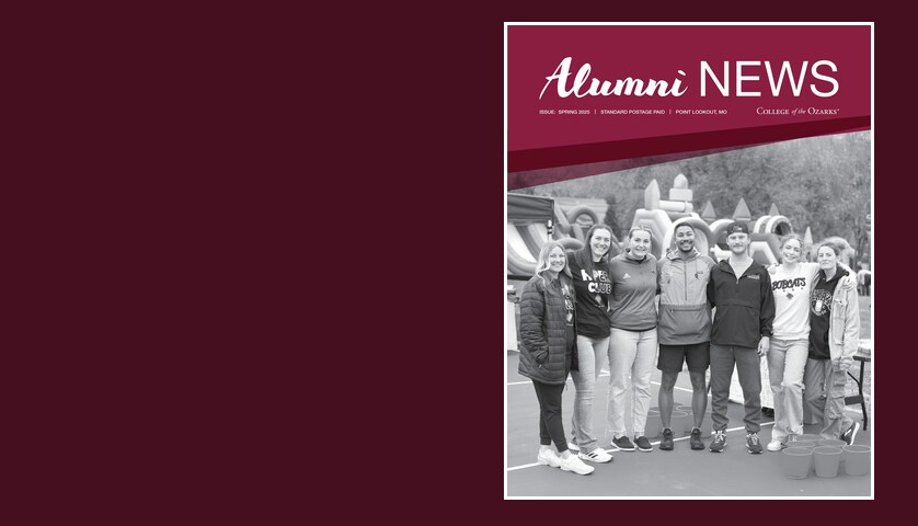 Spring 2025 Alumni News cover: students gathered outdoors on campus
