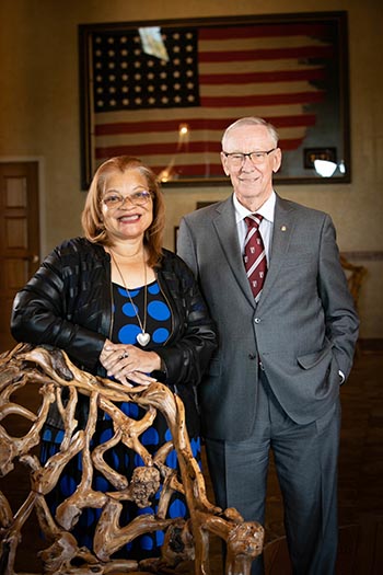 Dr. Jerry C. Davis speaks with Dr. Alveda King, niece of Dr. Martin Luther King, Jr., during a convocation in spring 2021.
