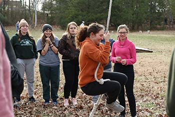College of the Ozarks students participate in the Challenge Course, an event designed to build unity and trust among incoming students. 