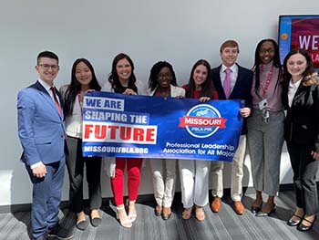 Students competed on Saturday, April 9 2022 at the Phi Beta Lambda State Conference. Of the nine students that competed from College of the Ozarks, six placed in the top five of their respective events, and five qualified to compete in the PBL National Leadership Conference. (Left to Right: Junior Brian Casey, Senior Liz Hyokyung, Senior Abby Braden, Senior Aleiha Mitchell, Junior Mary Beth Porter, Junior Gabe Rader, Freshman Kalinga Nihorimbere, Freshman Aubrie Fewin.) 