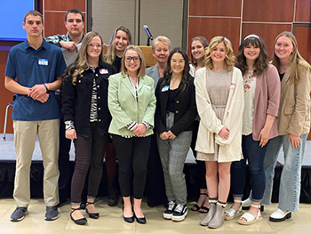 College of the Ozarks students attend The Society of Professional Journalists award ceremony in Wichita, Kansas, on April 9, 2022. The Point’s student journalists received regional awards in several categories, including Best All-Around News Magazine. (L to R: Sophomore Johnny Zuidema, junior Aric Avey, senior Anna Ginnings, junior Verve Reposar, junior Bethany French, The Point Advisor Erin Hayes, junior Jaden Lester, sophomore Clancy Callahan, senior Sarah Best, junior Abby Riffel, and junior Cienna Romines.)