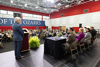 Faculty and staff enjoy a pre-inauguration luncheon in the Hook Center at School of the Ozarks.